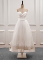 Romantic Satin & Tulle Sweetheart Neckline Tea-length A-line Wedding Dress With Lace Appliques