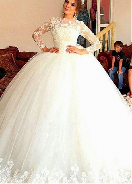 Wonderful Tulle Jewel Neckline Ball Gown Wedding Dresses With Lace Appliques