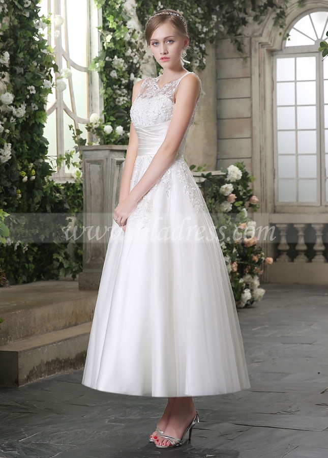 Elegant Tulle Bateau Neckline Ankle-length A-line Wedding Dresses