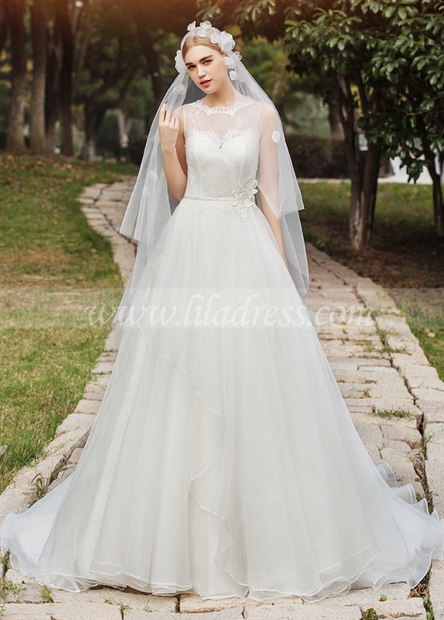 Elegant Organza & Lace Jewel Neckline A-line Wedding Dresses