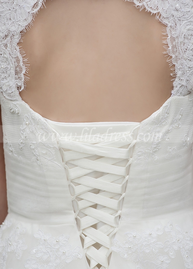 Elegant Lace & Tulle Queen Anne Neckline A-line Wedding Dresses