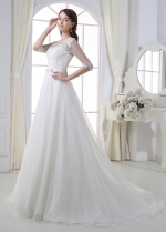 Glamorous Tulle & Organza A-line Illusion Neckline 3/4 Sleeves Wedding Dress