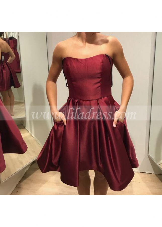 Burgundy Satin Short Cocktail Party Dress with Pockets