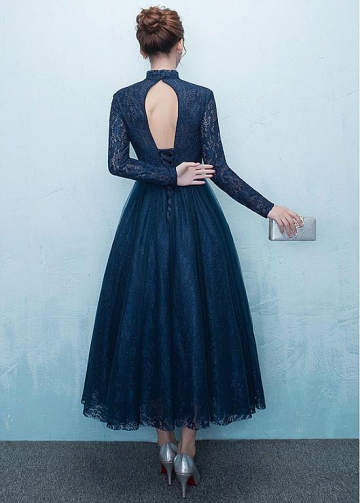 Elegant Lace High Collar Tea-length A-Line Homecoming Dresses