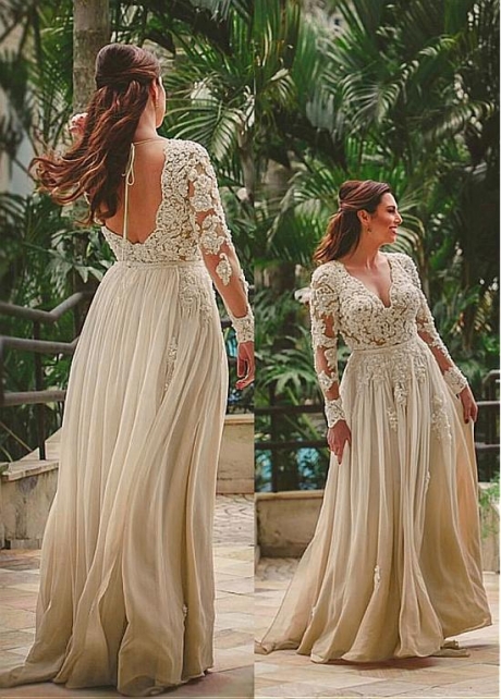 Modest Chiffon V-neck Neckline Long Sleeves A-line Evening Dress With Beaded Lace Appliques