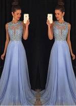 Fashionable Chiffon Jewel Neckline Cut-out A-line Prom Dress With Beaded Lace Appliques