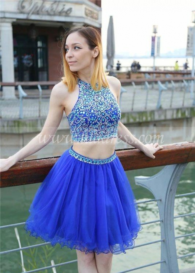 Blue Two-piece Homecoming Gown with Beaded Bodice