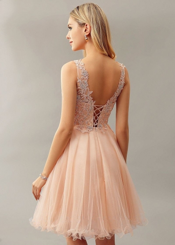 Beaded Appliqued Tulle Blush Homecoming Gown Short Party Dress