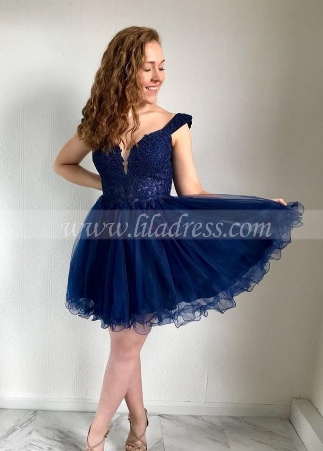 Beaded Lace Tulle Skirt Homecoming Short Dresses Off-the-shoulder