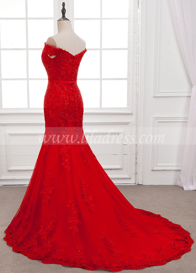 Fabulous Tulle Off-the-shoulder Neckline Mermaid Formal Dress With Beaded Lace Appliques