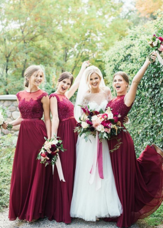 Burgundy Bridesmaid Long Dress for Wedding Party Lace Cap Sleeves