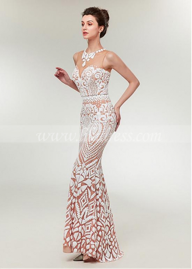 Fashion Sequin Lace Jewel Neckline Mermaid Prom Dress