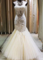 Beaded Lace Illusion Mermaid Wedding Gown with Long Train