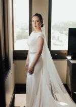 Bateau Cap Sleeves Ivory Wedding Dresses with Beaded Sash