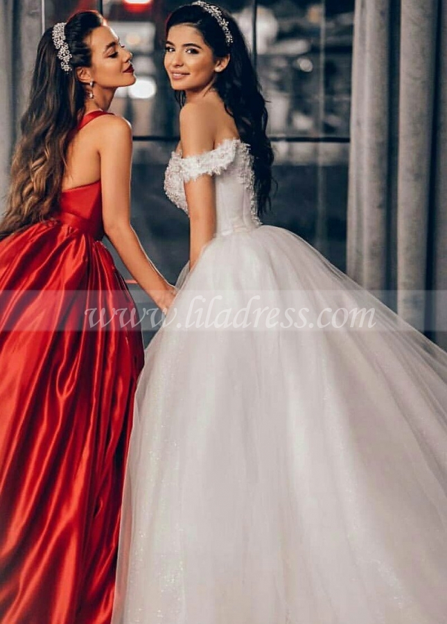 Beaded Lace Off-the-shoulder Wedding Dress with Shiny Tulle Skirt