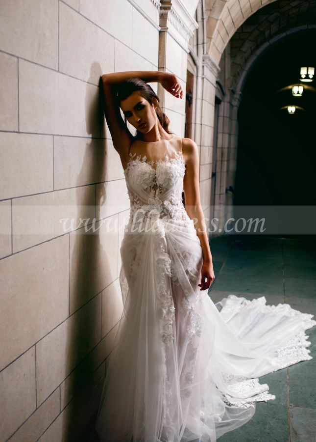 Beaded Floral Lace Wedding Gown with Sheer Tulle Skirt