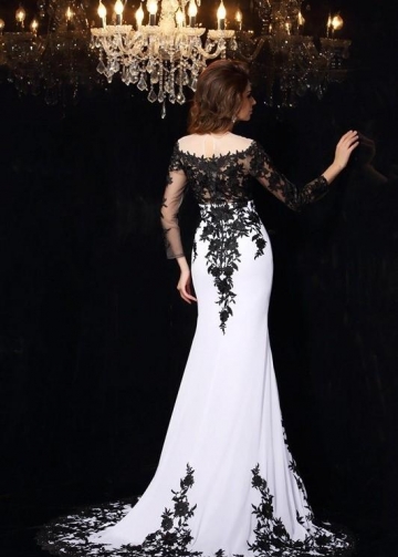 Black Floral Lace Wedding Dress White Illusion Neckline