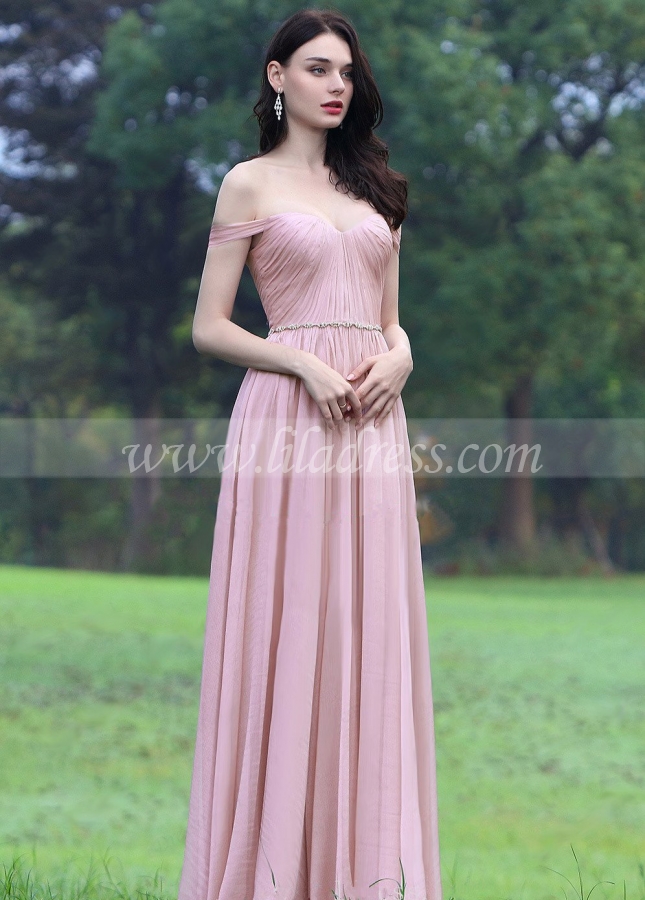 Off-the-shoulder Pink Chiffon Long Prom Dresses with Rhinestones Sash