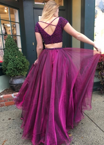Beaded Top Plum Two-Piece Prom Dresses with Short Sleeves