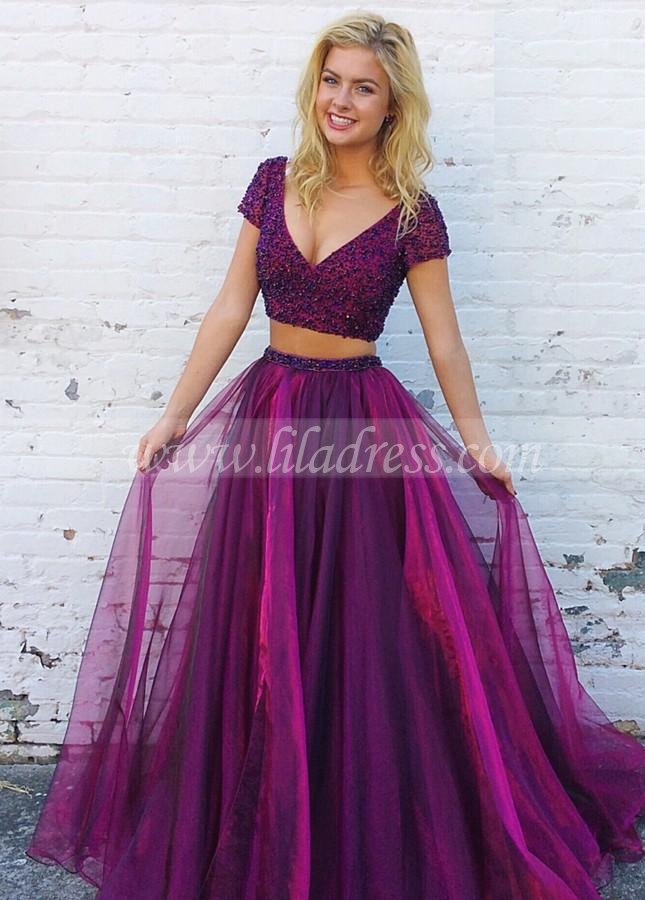 Beaded Top Plum Two-Piece Prom Dresses with Short Sleeves