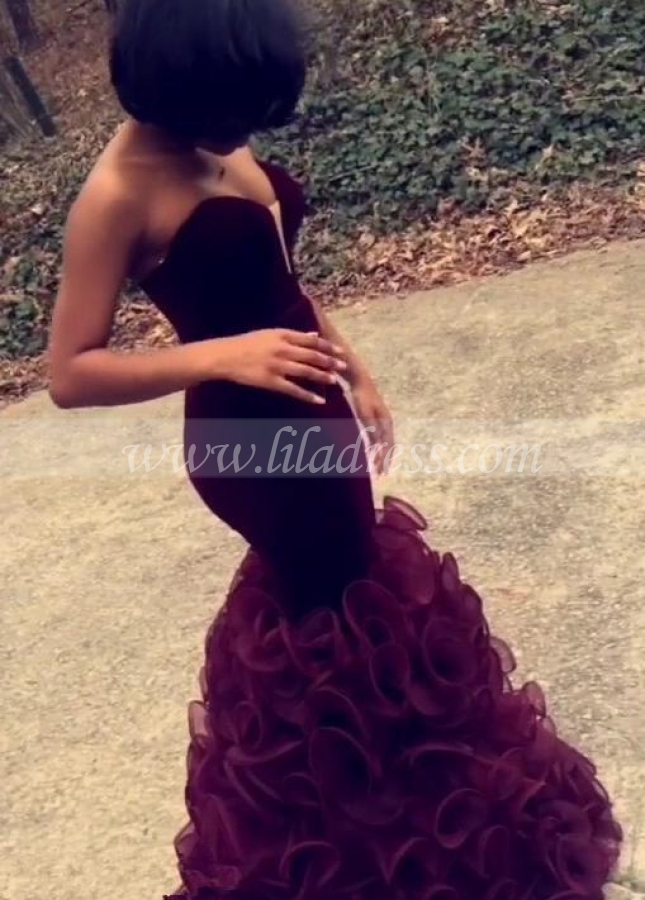 Burgundy Velvet and Organza Mermaid Prom Gown with Sweetheart