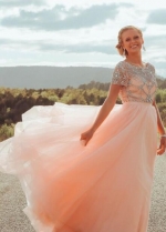 Blush Tulle Rhinestones Prom Gowns with Short Sleeves
