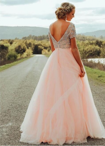 Blush Tulle Rhinestones Prom Gowns with Short Sleeves