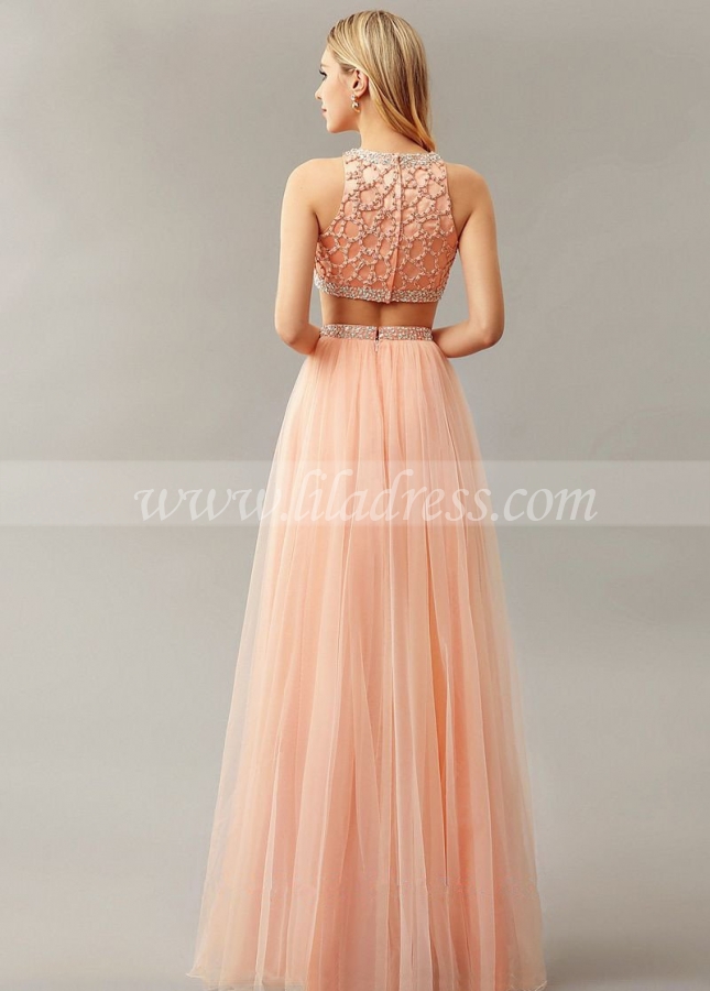 Beaded Top Sleeveless Blush Prom Dress Two Piece