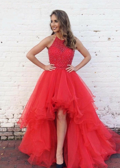 Beaded Crystals Red Hi-lo Prom Dresses with Halter Straps