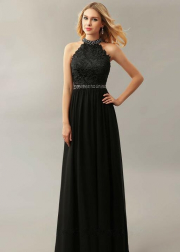 Beading High Neck Lace Chiffon Black Prom Dresses Online