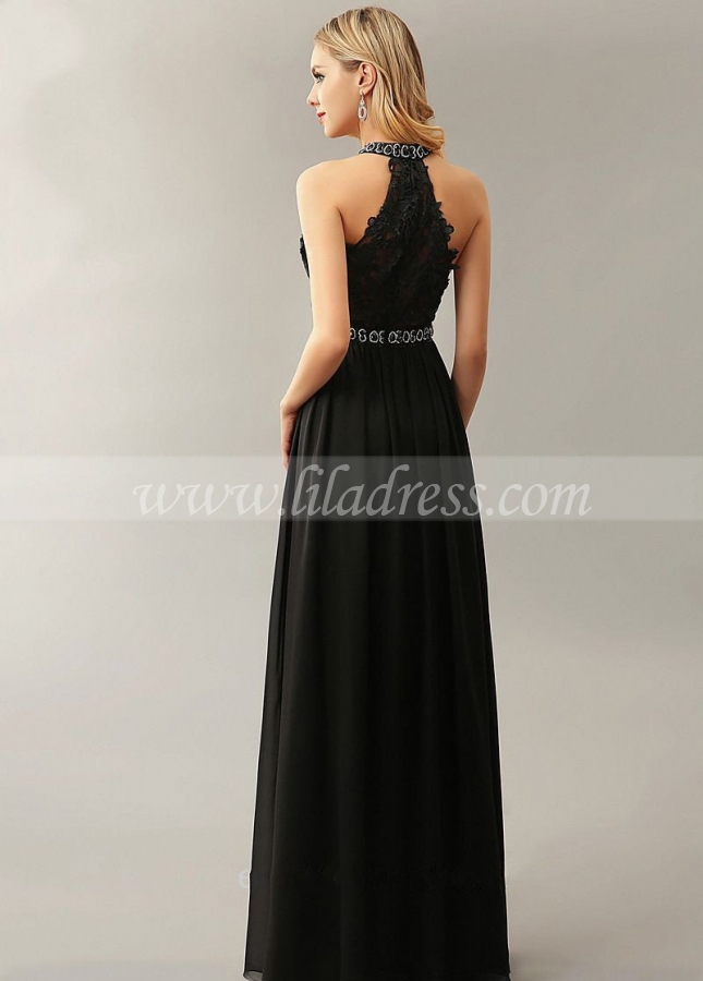 Beading High Neck Lace Chiffon Black Prom Dresses Online