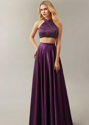 Bead Rose Purple Two Piece Prom Dresses 2018 Formal Dress