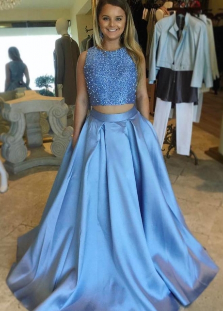 Beaded Top Two Piece Prom Dresses with Satin Skirt