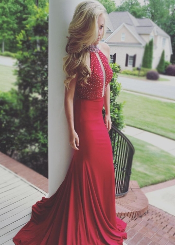 Beaded High Neck Red Long Prom Dress Hugging Bodice