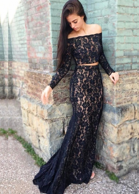 Bead Lace Two Piece Off-the-shoulder Lace Evening Dresses Long Sleeves