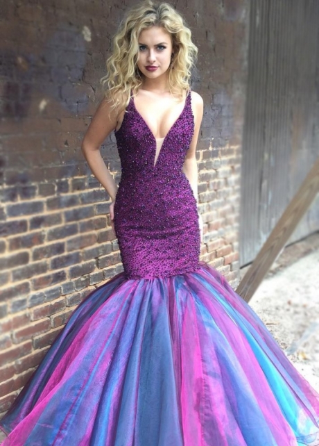 Beaded Purple Mermaid Evening Prom Dresses with Plunging V-neck