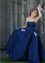 Backless Strapless Navy Prom Dresses with Rhinestones Pockets