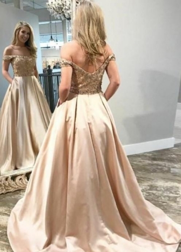 Beaded Champagne Satin Evening Prom Dress Off-the-shoulder