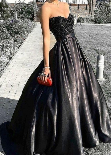 Beaded Corset Black Prom Evening Dresses with Satin Skirt