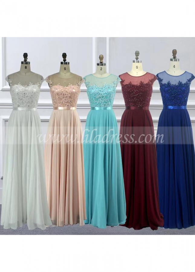 Long Pink Chiffon Evening Gowns Beaded Lace Bodice