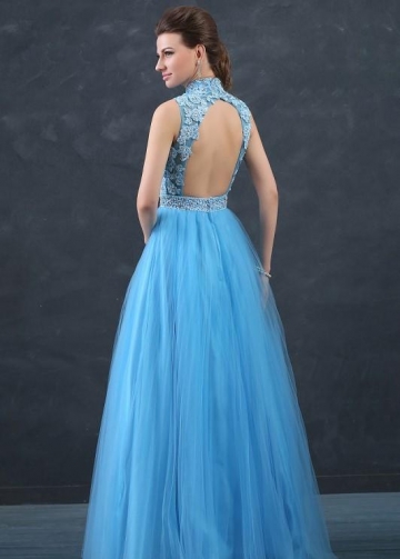 Beaded Appliques Lace Blue Prom Dresses with Tulle Skirt