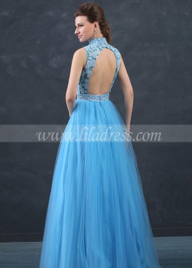 Beaded Appliques Lace Blue Prom Dresses with Tulle Skirt