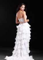 Beaded Strapless White Hi-lo Prom Dresses with Tiered Skirt