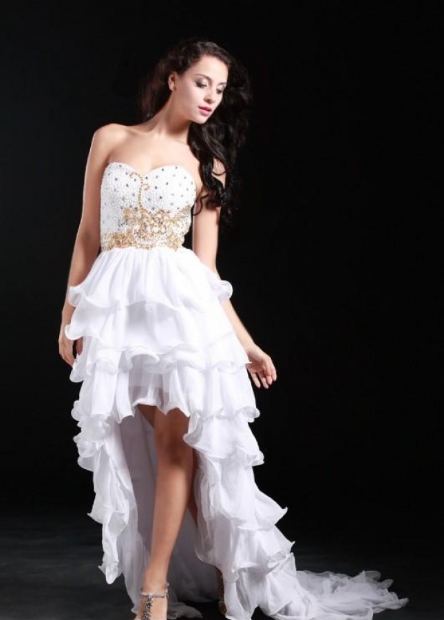 Beaded Strapless White Hi-lo Prom Dresses with Tiered Skirt