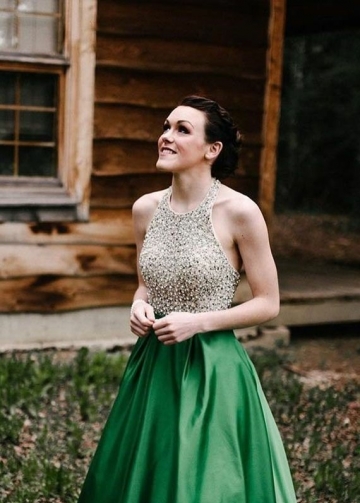 Beaded Bodice Green Prom Dress with Halter Strap
