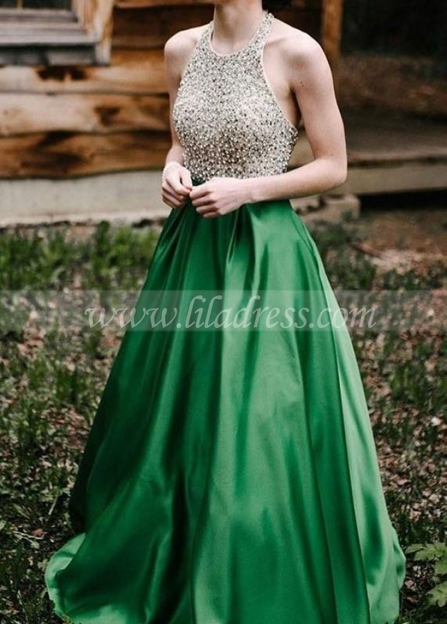 Beaded Bodice Green Prom Dress with Halter Strap