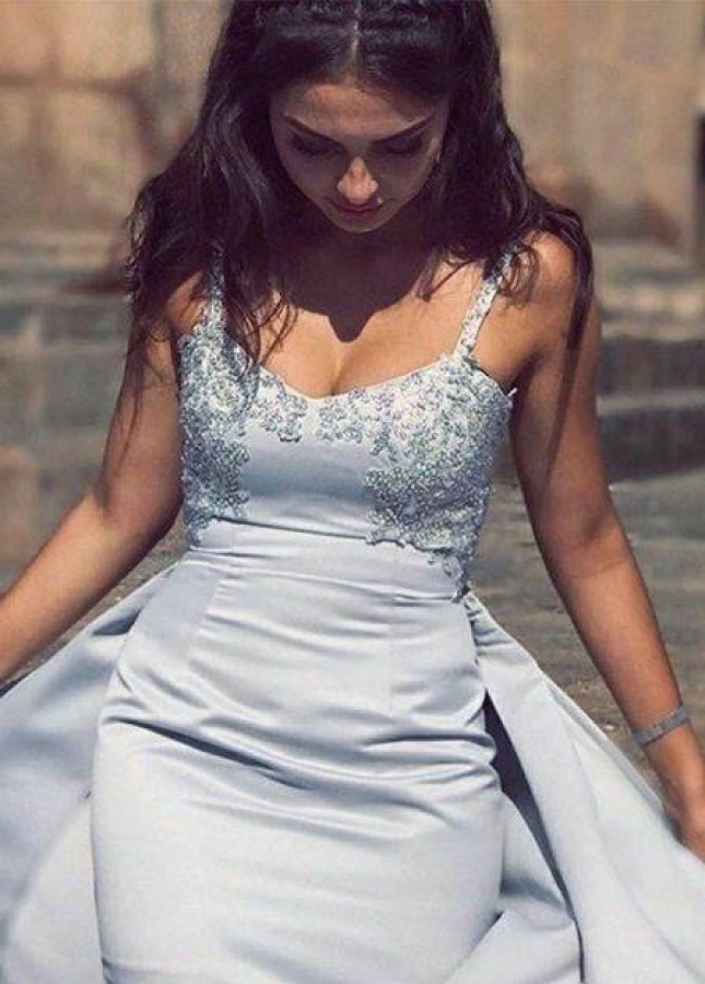 Beaded Neckline Long Prom Dress with Satin Overskirt