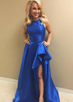 Blue Two Piece Prom Gown with Asymmetrical Skirt