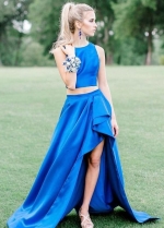 Blue Two Piece Prom Gown with Asymmetrical Skirt