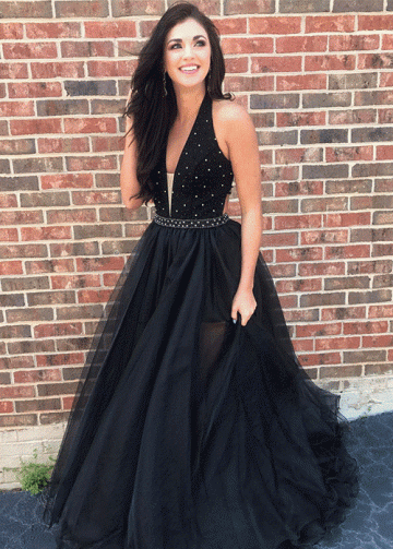 Beaded Black Tulle Prom Gown with Plunging Halter Neckline